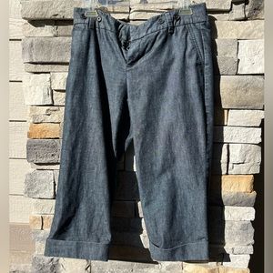 Hit just below the knee.  Black denim stretch material. Trouser style.